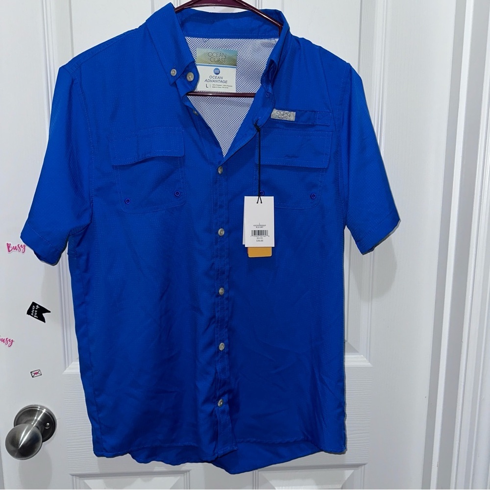 Boys Blue Short Sleeve Shirt Ocean Coast Fishing‎ Shirt